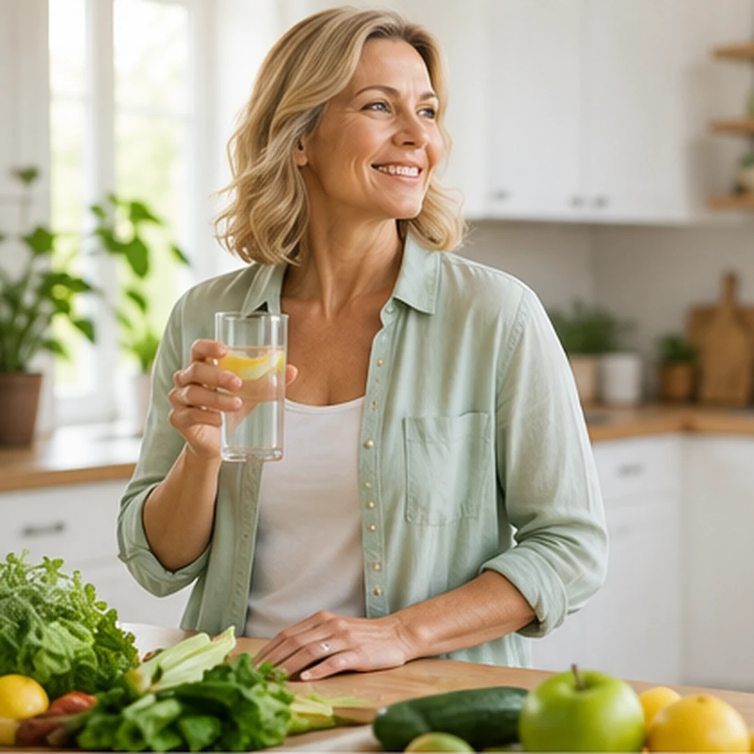 Persona adulta in cucina con acqua e alimenti freschi